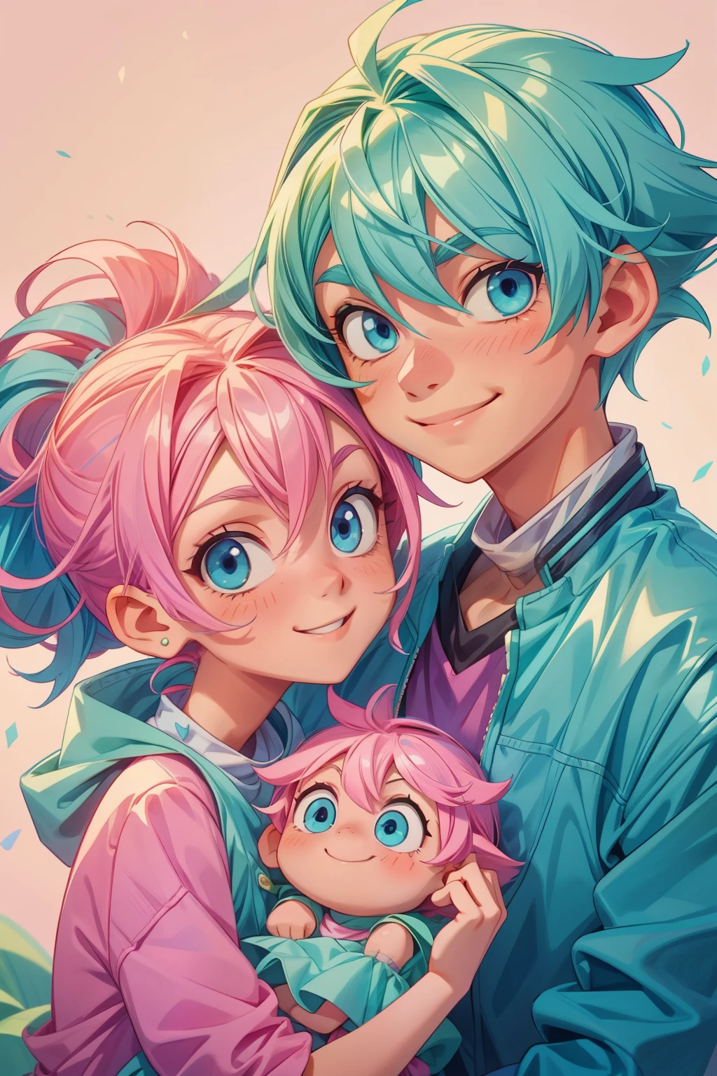 An older brother with green hair, serious blue eyes, smiling , a younger sister with pink hair smiling , and a girl with pink hair and blue eyes