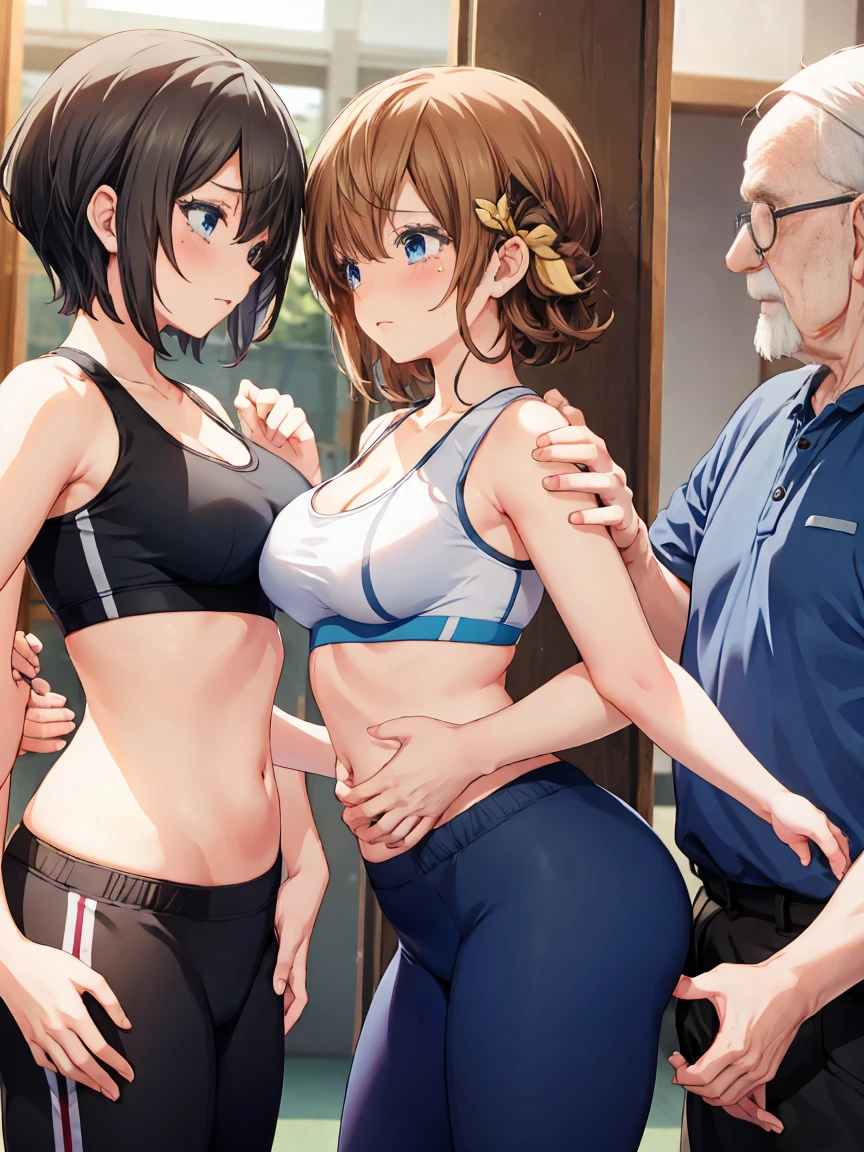 an anime woman with brown hair in dolphin pants being tackled by two old men, ((old man)),1girl, hetero, multiple boys, breasts, fingering, navel, sports bra, short hair, midriff, cleavage, from side,hand in panties,sobbing through one's tearst,arms grab