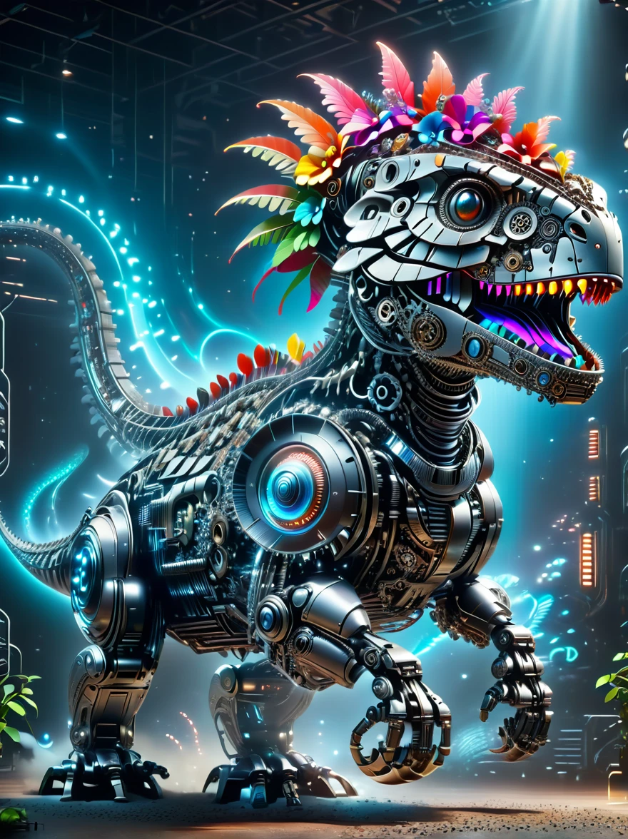 (3d，Mechanical sense，cute，ais-scrapyrd Tyrannosaurus，mechanical)，Colorful neon lights，High-tech mechanical parts，Metal body，Detailed Vibranium Flower Design，Vibrant colors，Dynamic glowing flowers，Reflective metal surface，Bright environment，Dynamic poses，Exquisite existence，Skills Improvement，Interlocking mechanical gears，Stylish design，motion blur effect，Detailed metal treatment，Sci-fi atmosphere，Streamlined aerodynamic shape，Laser scanning pattern，Holographic projection，LED light track，Beautiful and unforgettable，Advanced sensors，Complex algorithms，Ominous and mysterious atmosphere，Electric Spark，Shiny chrome，Propulsion systems of the future，(Best quality，8k，high resolution，masterpiece:1.2)，Super detailed，(whole body:1.8)​