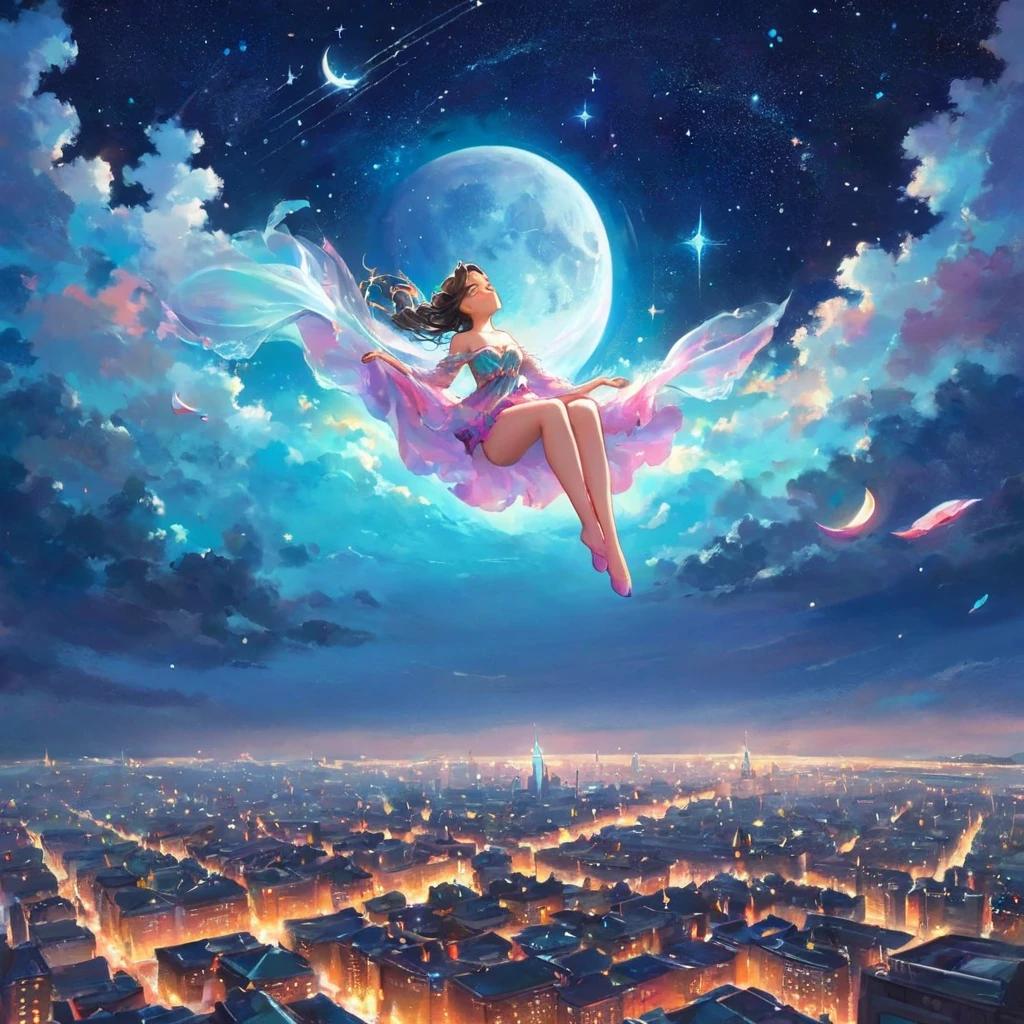 Une femme incroyablement éthérée, composé d&#39;une gamme éblouissante de couleurs de poussière d&#39;étoiles, se pose gracieusement sur des nuages moelleux dans le ciel. Baigné d&#39;un éclairage nocturne dynamique et enchanteur, accentue son dynamisme, forme corsée. Flottant au-dessus d&#39;un paysage urbain de nuit. Des étoiles scintillantes et une lune brillante. art fantastique. chef-d&#39;œuvre 