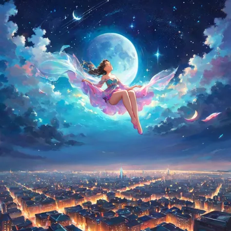 A stunningly ethereal woman, composed of a dazzling array of colors of stardust, lays gracefully on fluffy clouds in the sky. Ba...