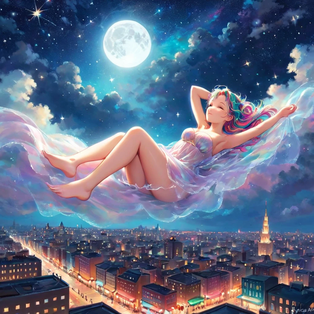 Une femme incroyablement éthérée, composé d&#39;une gamme éblouissante de couleurs de poussière d&#39;étoiles, se pose gracieusement sur des nuages moelleux dans le ciel. Baigné d&#39;un éclairage nocturne dynamique et enchanteur, accentue son dynamisme, forme corsée. Flottant au-dessus d&#39;un paysage urbain de nuit. Des étoiles scintillantes et une lune brillante. art fantastique. chef-d&#39;œuvre 