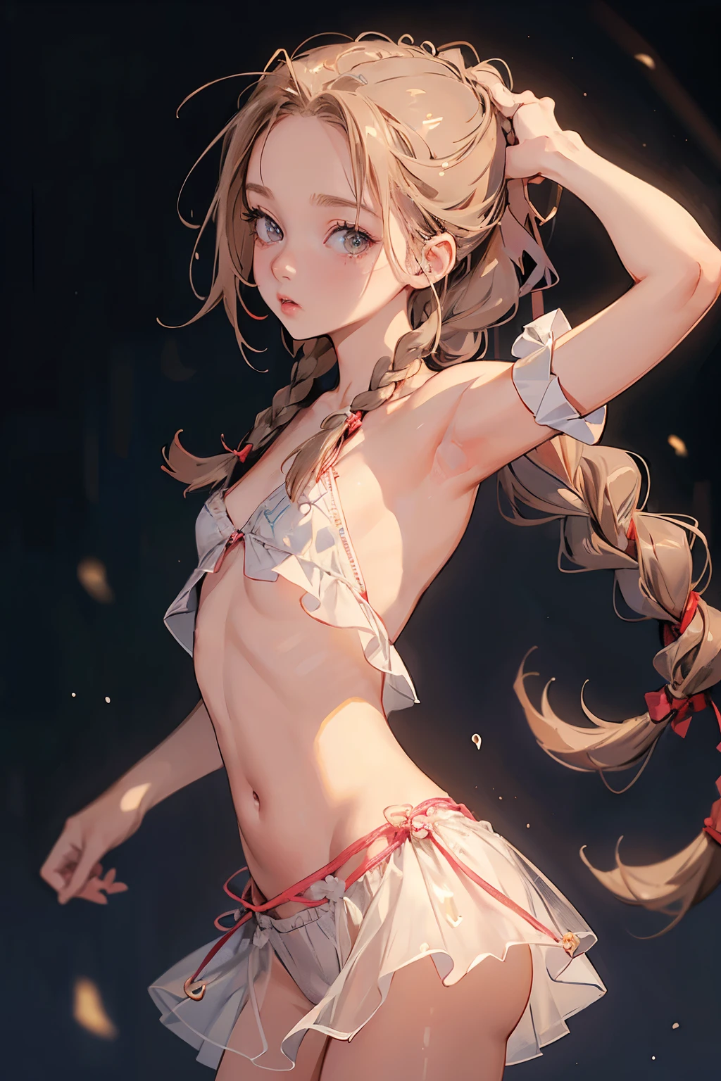  ((best quality)), ((masterpiece)), (detailed), 1girl, (big forhead:1.2),extremely detailed cute anime face, (((flat chest))), (flat chest:1.1),((((long twin braids,tight braids,long braid,braided hair,long hair)))),intricate eyes,beautiful detailed eyes,symmetrical eyes,(((detailed face))),beautiful detailed lips, looking at this, (((embarrassed))),(horrified expression),(panic),(crying),highres,(best quality),(ultra detailed,extremely detailed),perfect face details, ((masterpiece:1.4, best quality))+, (ultra detailed)+, long twintails, cute girl, (flat chest:1.1), small breasts, slim body, skinny, (narrow hips), prominent collarbones, skinny arms, flat stomach, visible hip bones, long hair, red hair, white hair, blonde hair, dark hair, ponytail, thick ponytail, heavy ponytail, small breasts, perfect face, small breasts (flat chest:1.1), NSFW, long revealing gown,Detailed body，Full limbs，(from behind), (turning), NSFW, (flat chest:1.1), nude 