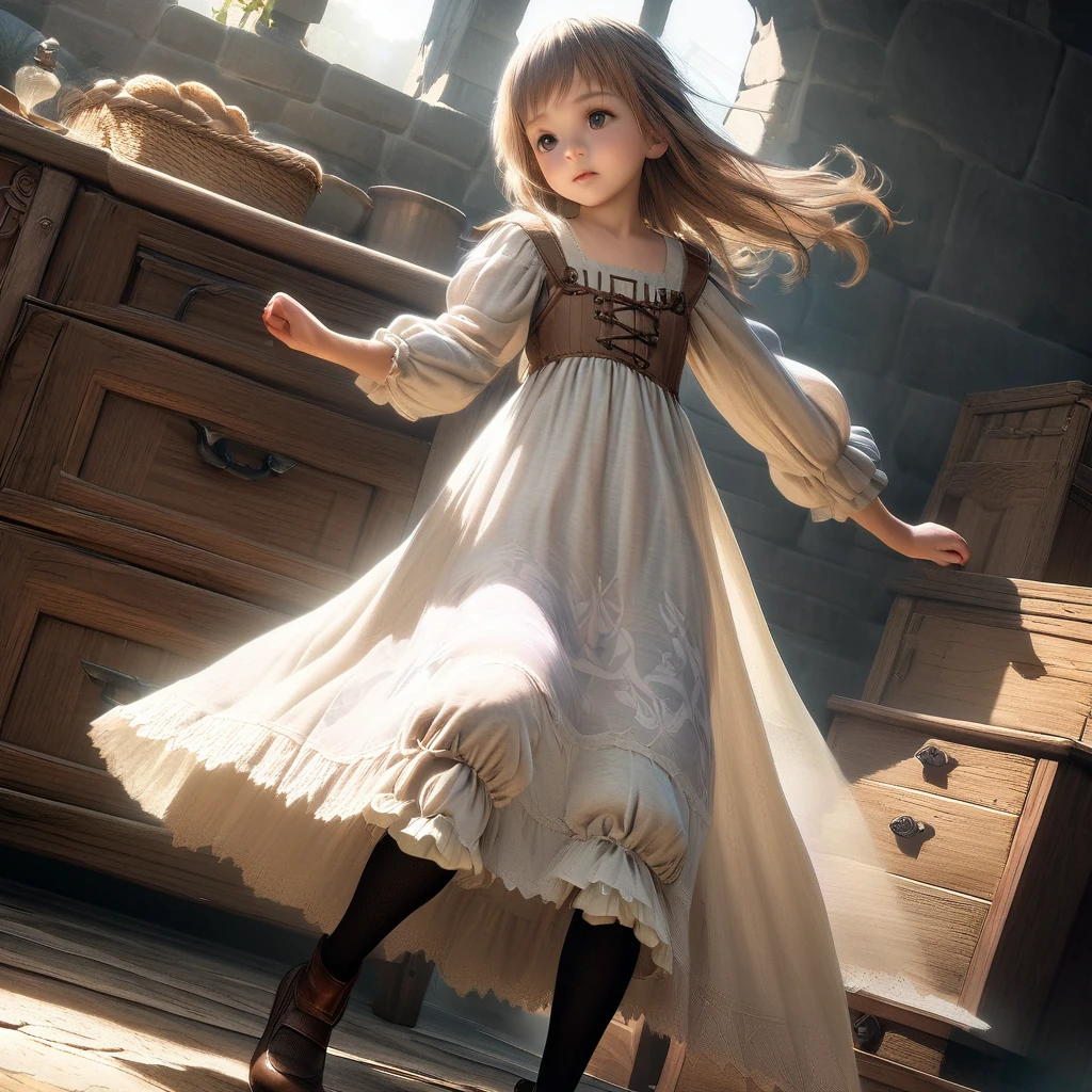 (Fondo de pantalla CG Octane render 8k altamente detallado),  ropa interior de niña, Bloomers realistas hechos de tela de algodón estampada., Vestido largo medieval con alforjas., Fabric Realism, ángulo bajo, Puedes ver el cajón., Levanta el vestido con la mano., Vientos fuertes, deslizamiento translúcido, deslizamiento translúcido, medias, de la máxima calidad, todo el cuerpo