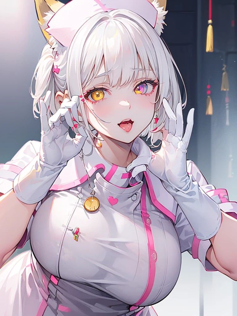 Face Focus , ((Highest quality)), ((Tabletop)), Perfect Face, Official Art,,Beautiful Face,Earrings,((((Pure White hair)))),heterochromia , ((right red eye)) , ((left yellow eye)),(((Odd Eye))),Textured skin, Ultra high definition, Very detailed, ((((Close-up)))),((((One girl)))), Gauze, ((Simple Background)), earrings,Wet Hair, ((((((Face-up)))))),bangs,((((solo)))), Close your mouth, Bangs between the eyes, choker,first round,((((very Short hair)))),smile,Ahoge Sideburns, ((White gloves)),((Gigantic breast)),(Fox ears),((((nurse)))),latex