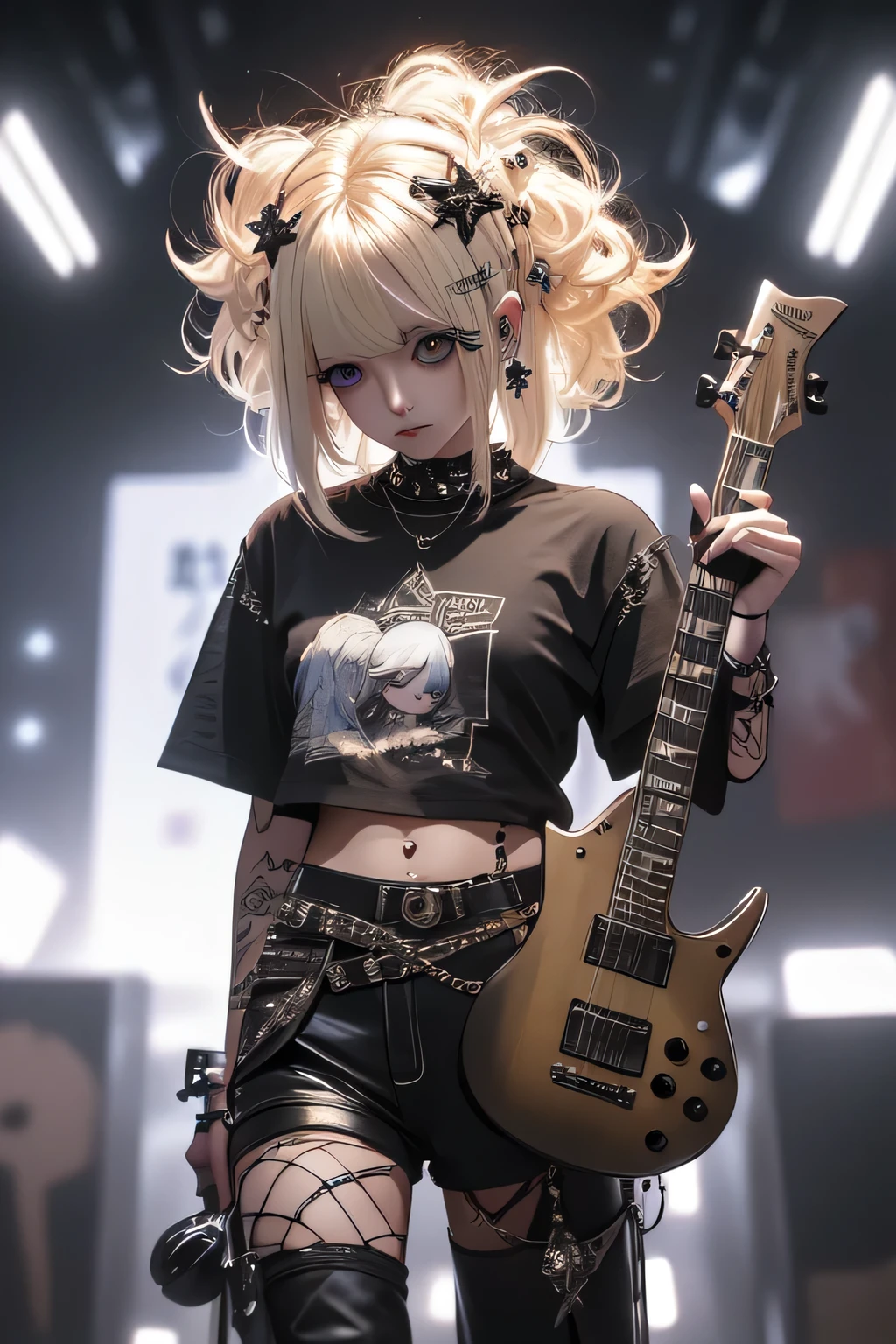 High quality picture, masterpiece, 4k. luminous, reality, blond bobbed hair, punk style t-shirt, hot trousers, playing electric guitar, big eyes, lame eyeshadow, on stage with spotlight