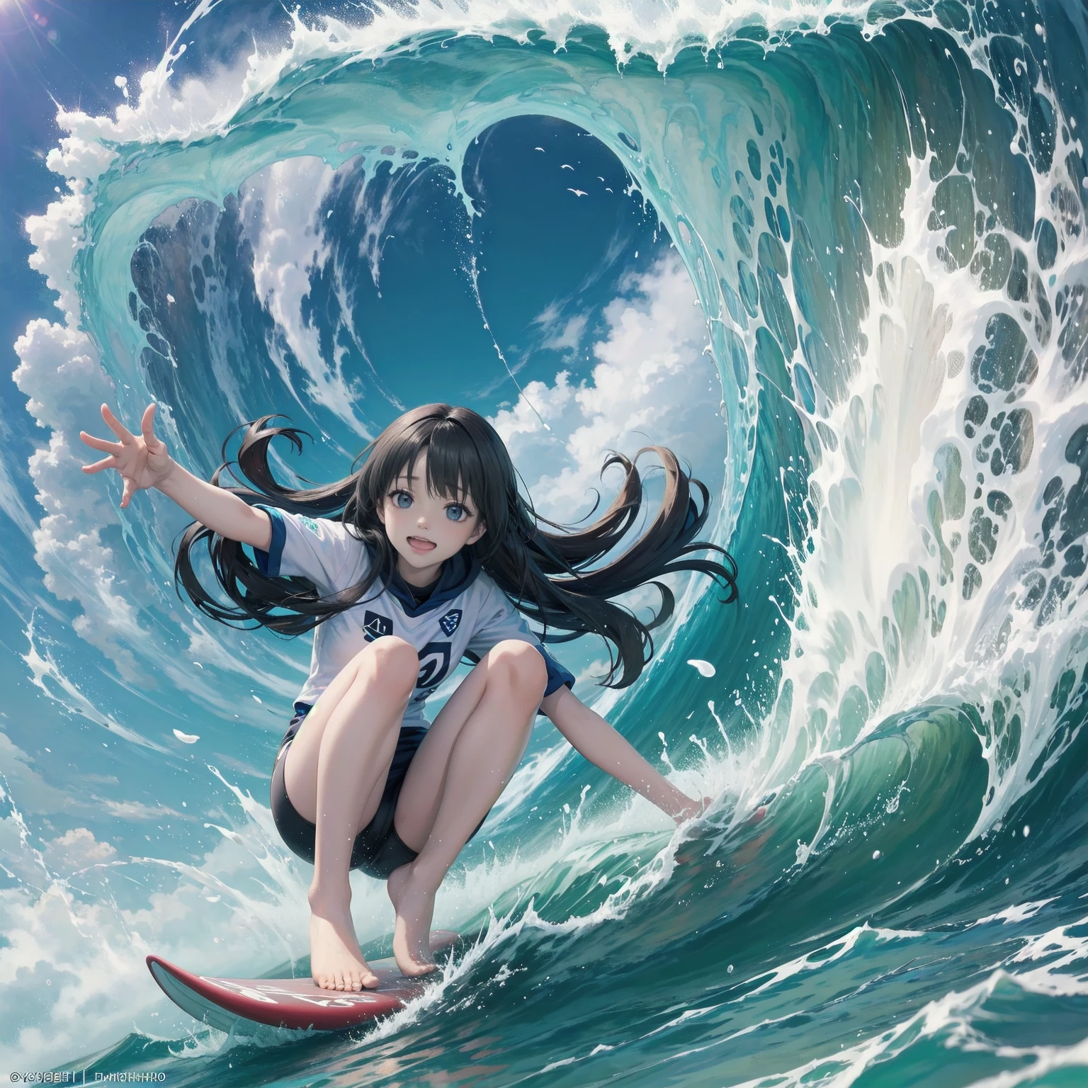 barefoot、Anime girl riding a surfboard on ocean waves, Casciato, Casciato kenz, By Yoshihiko Wada, surfing, Expressing joy. by krenz Casciato, , Asuka as a surfer model, Anime Styleイラスト, Official Art, Nagatoro, fubuki, High quality anime art style, High resolution, Anime Style」