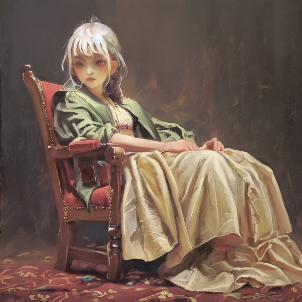 score_9, score_8_up, score_7_up, score_6_up, score_5_up, score_4_up, fkey70, ,by fuenze, by yogisya by Ellen Jewett, A white haired girl girl sitting in a chair, hyperrealistic anime painting, modern clothes, anime painting, loose long hair, black background, dramatic diagonal lighting, painterly, realistic painting, soft feature, detailed clothes, detailed, rembrandt lighting,
 