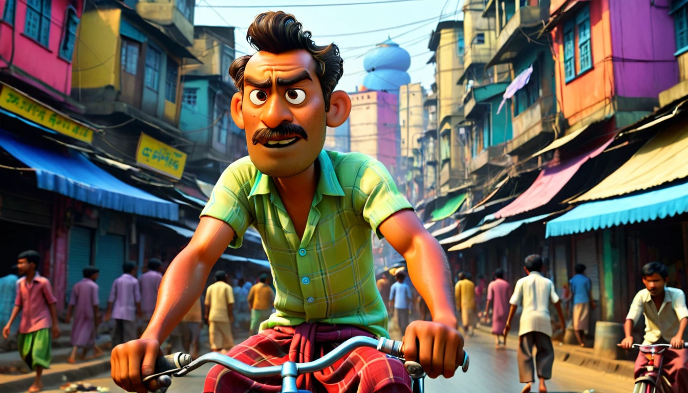 A rickshaw (manually ridden tricycle) puller, poor man, dirty cloths, pedaling through a busy street in Dhaka city, wearing shirt with lungi, sweat on his brow, looking determined, Pixar character design, colorful buildings in the background, detailed face and expression, vibrant colors, cinematic lighting, highly detailed, 4k, photorealistic