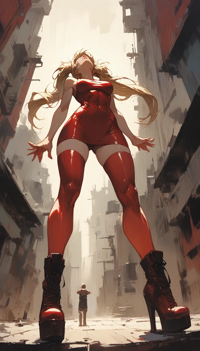  
best quality, masterpiece, 8k, extreme wide-angle perspective distortion, low angle looking up (AshleyWoodArtAI:1.3), Future sexy asian blonde girl with twin-tails, nude and very tight tank top, red latex thigh high stocking extreme-highheel-wedge boots , standing pose
