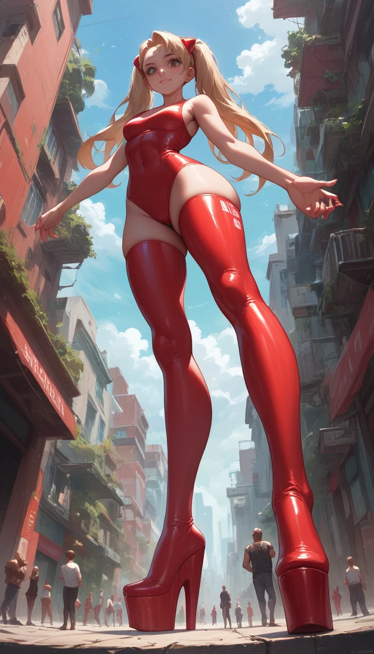  
best quality, masterpiece, 8k, extreme wide-angle perspective distortion, low angle (AshleyWoodArtAI:1.3), Future sexy asian blonde girl with twin-tails, nude and very tight tank top, red latex thigh high stocking extreme-highheel-wedge boots , standing pose
