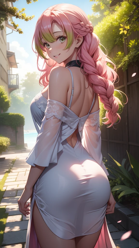 "Extremely detailed CG Unity 8K wallpapers，kanjiro mitsuri，photograph from behind, tight dress, focus on ass, masterpiece，outdoors，charming，best picture quality，Volumetric light，Pink hair，Face turned red，Smile，Off the shoulder dress，Bangs cover one eye，looking at camera