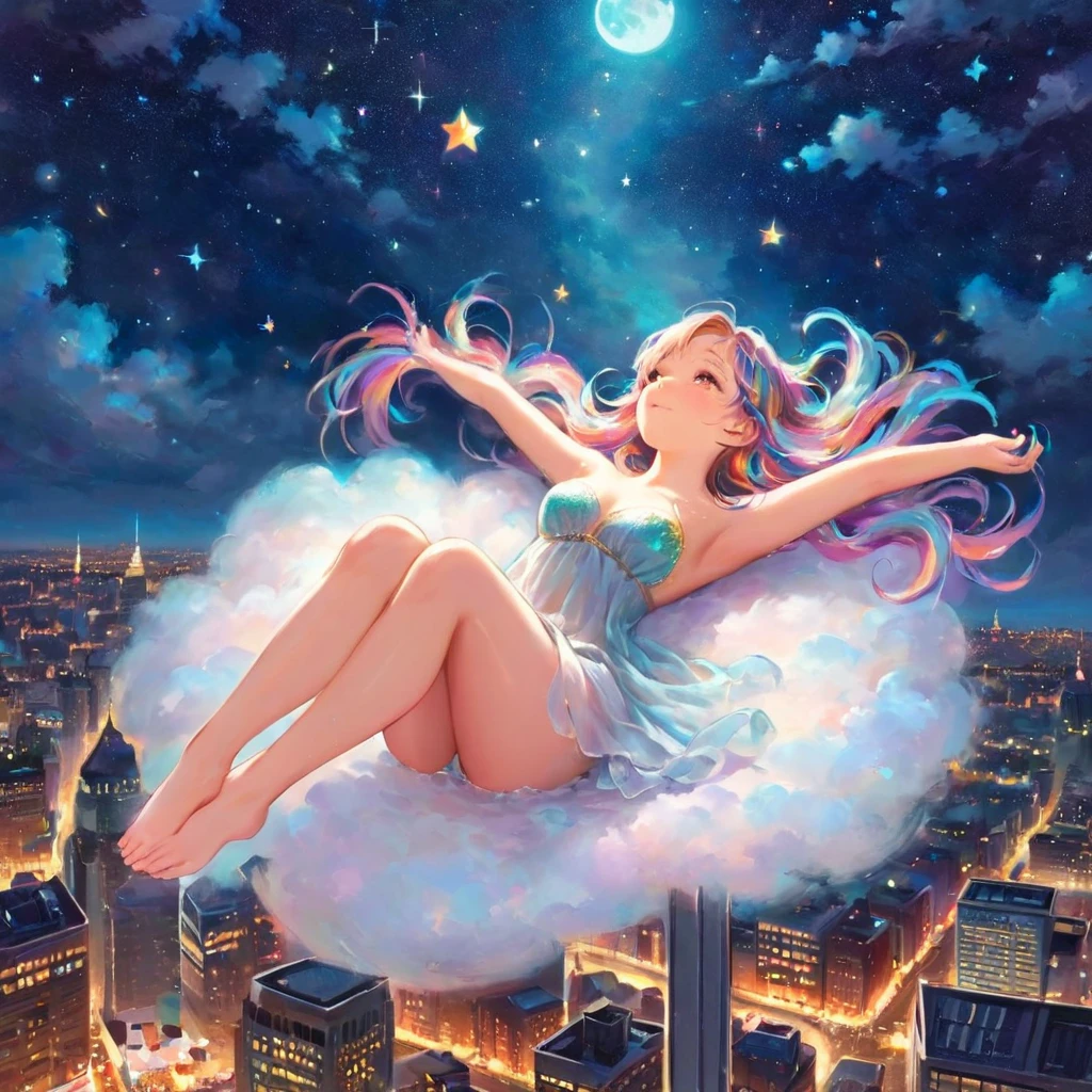 Une femme incroyablement éthérée, composé d&#39;une gamme éblouissante de couleurs de poussière d&#39;étoiles, se pose gracieusement sur un nuage moelleux dans le ciel. Baigné d&#39;un éclairage nocturne dynamique et enchanteur, accentue son dynamisme, forme corsée. Flottant au-dessus d&#39;un paysage urbain de nuit. Des étoiles scintillantes et une lune brillante. art fantastique. chef-d&#39;œuvre 