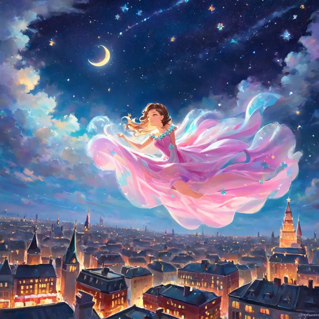 A stunningly ethereal woman, composed of a dazzling array of colors of stardust, lays gracefully on a  fluffy cloud in the sky. Bathed in dynamic and enchanting night  lighting, accentuates her vibrant, full-bodied form. Floating above a cityscape night. Twinkle stars and glowing moon. Fantasy art. Masterpiece 