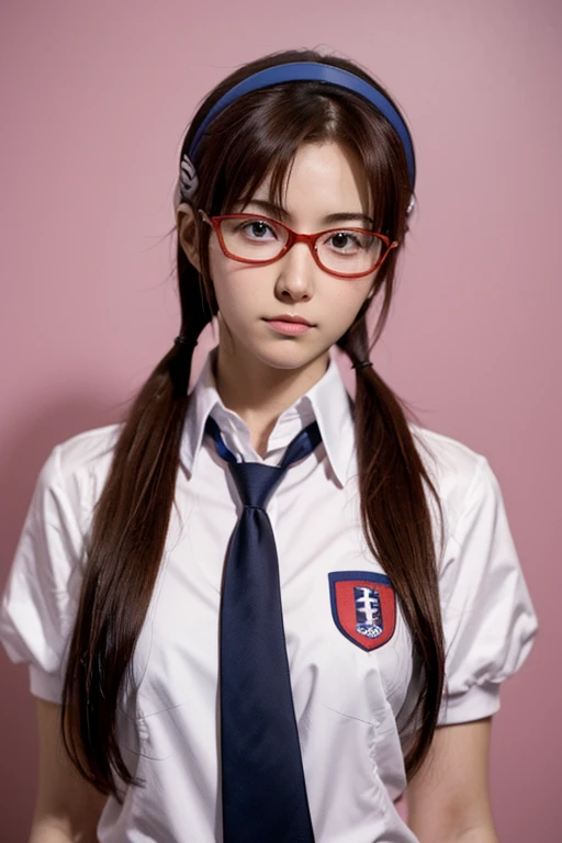 Mari Illustrious , Neon Genesis EVANGELION , Small red rectangular glasses , Brown Hair , Tie your hair on both sides , Mari Makinami, Brown Hair, Glasses, Headband Blue, Twin tails,high school girl、uniform