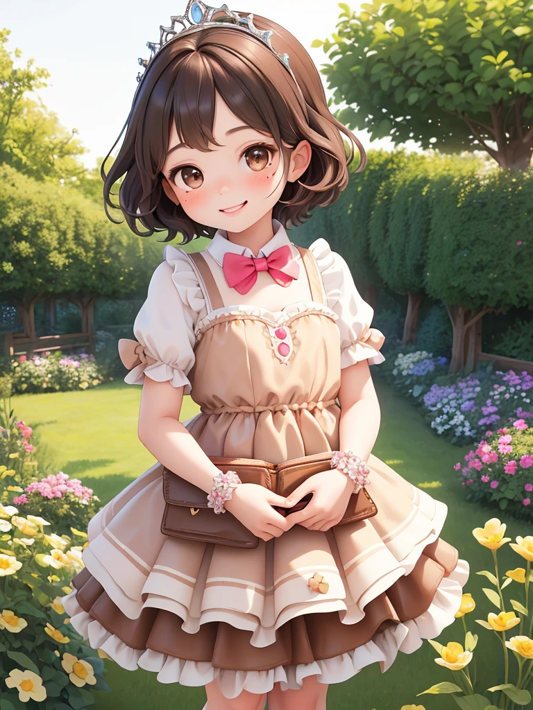 masterpiece, Highest quality, High resolution, One girl, 9 years old, alone, Brown Hair, short hair, Brown eyes, Mole under the eye, Cowboy Shot,, Princess dress, Princess Costume,bow tie, smile (Princess:1.2), Ruffled Dress, tiara, city, Outdoor, garden, wearing wallet, (wallet:1.2), Pull up the dress by hand、Low Angle