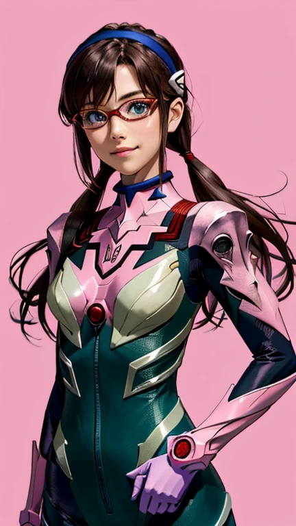 (best quality, masterpiece, colorful, highest detailed)(makinami_mari)(evangelion) upper body photo, fashion photography of 1girl (makinami_mari), wearing ((full pink)) evangelion full pink suit (high resolution textures), narrow red glasses, bangs, big_blue_eyes, bodysuit, breasts, cowboy_shot, narrow_red_glasses, hairband, light_smile, dark_brown_long_hair, looking_at_viewer, low_twintails, makinami_mari_illustrious, pilot_suit, green_bodysuit, plugsuit, dark_brown_hair, shiny, shiny_clothes, simple_background, skinny, solo, makinami_mari, standing, turtleneck, twintails, (high resolution textures), in dynamic pose, (intricate details), detailed, light passing through hair, splash art flat background,(official art)