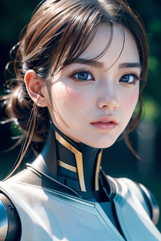 Anatomically correct depiction、masterpiece、Highest quality、8k、Attractive beautiful large almond-shaped eyes、Big black eyes、Long eyelashes、美しい桜colorの唇、A high, well-defined nose、color々Hairstyle、美しく輝くcolor々な髪color、((Realistic:1.3))、Bold composition、Highly detailed face、Detailed、Golden Ratio Face、Ultra-high resolution、Beautifully detailed and realistic white skin、Beautiful Muscles、((Beautifully shining sweat:1.3))、Robot Girl、Half robot face、sexy