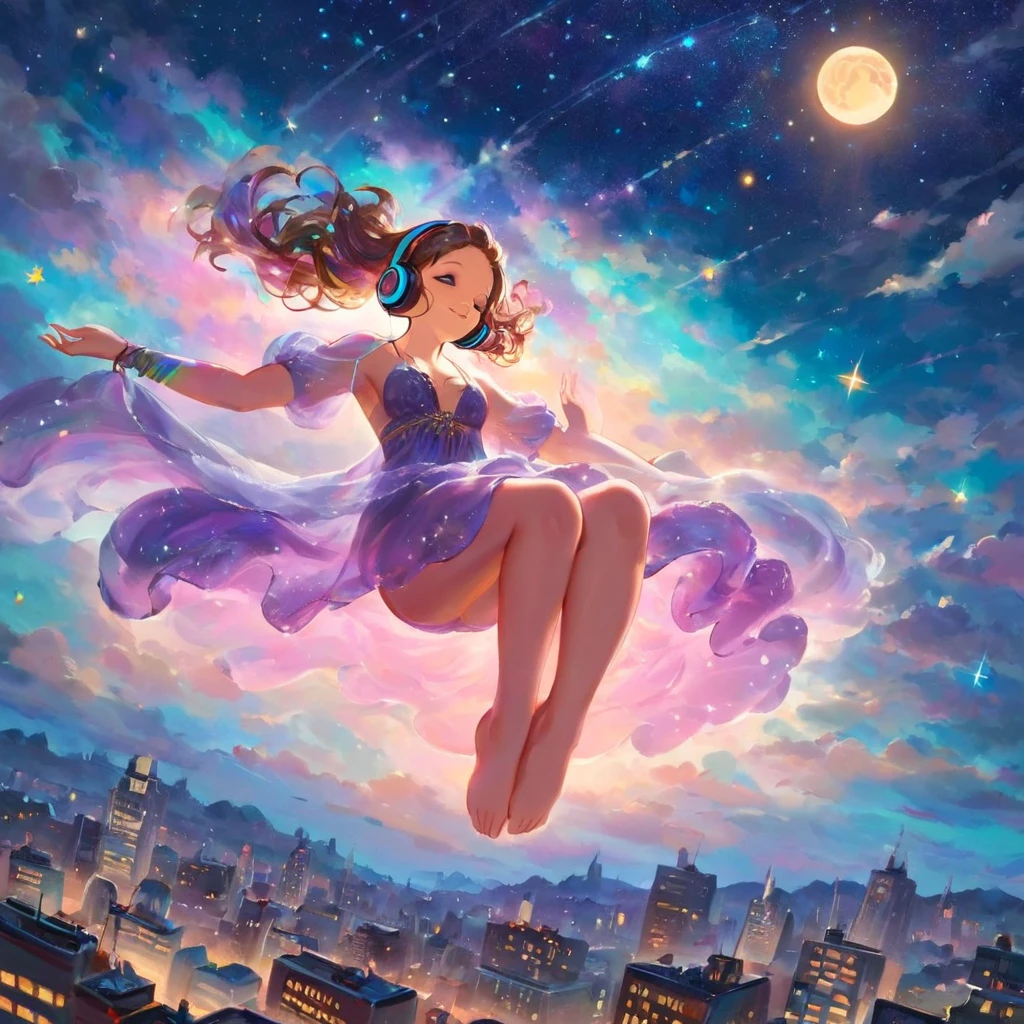 A stunningly woman wearing headphones and composed of a dazzling array of colors of stardust, lays gracefully on a  fluffy cloud in the sky. Bathed in dynamic and enchanting night  lighting, accentuates her vibrant, full-bodied form. Floating above a cityscape night. Twinkle stars and glowing moon. Fantasy art. Masterpiece 