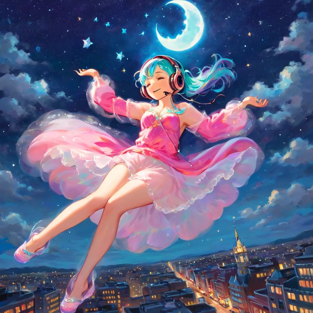 A stunningly woman wearing headphones and composed of a dazzling array of colors of stardust, lays gracefully on a  fluffy cloud in the sky. Bathed in dynamic and enchanting night  lighting, accentuates her vibrant, full-bodied form. Floating above a cityscape night. Twinkle stars and glowing moon. Fantasy art. Masterpiece 