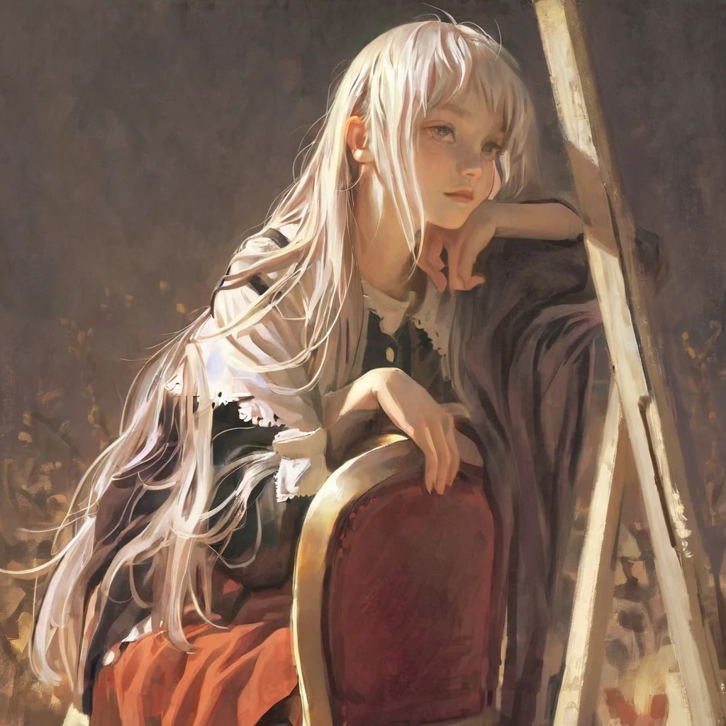 score_9, score_8_up, score_7_up, score_6_up, score_5_up, score_4_up, fkey70, masterpiece, best quality, high quality, A white haired girl girl sitting in a chair, hyperrealistic anime painting, modern clothes, anime painting, loose long hair, black background, dramatic diagonal lighting, painterly, realistic painting, soft feature, detailed clothes, detailed, rembrandt lighting,
