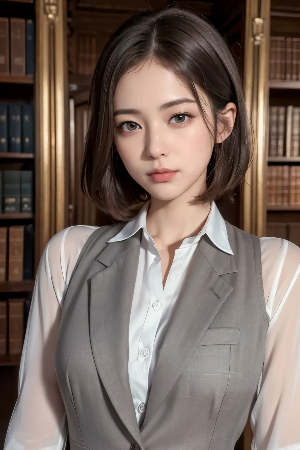 Ultra-high resolution、(masterpiece:1.3), (8k, Best image quality: 1.4)、 (Real:1.4)、One beautiful woman、Beautifully detailed eyes and skin、Micro Smile、Light brown short hair、Dark grey business suit with a white shirt、A historic classical library、In the spacious, dimly lit library、unmanned、