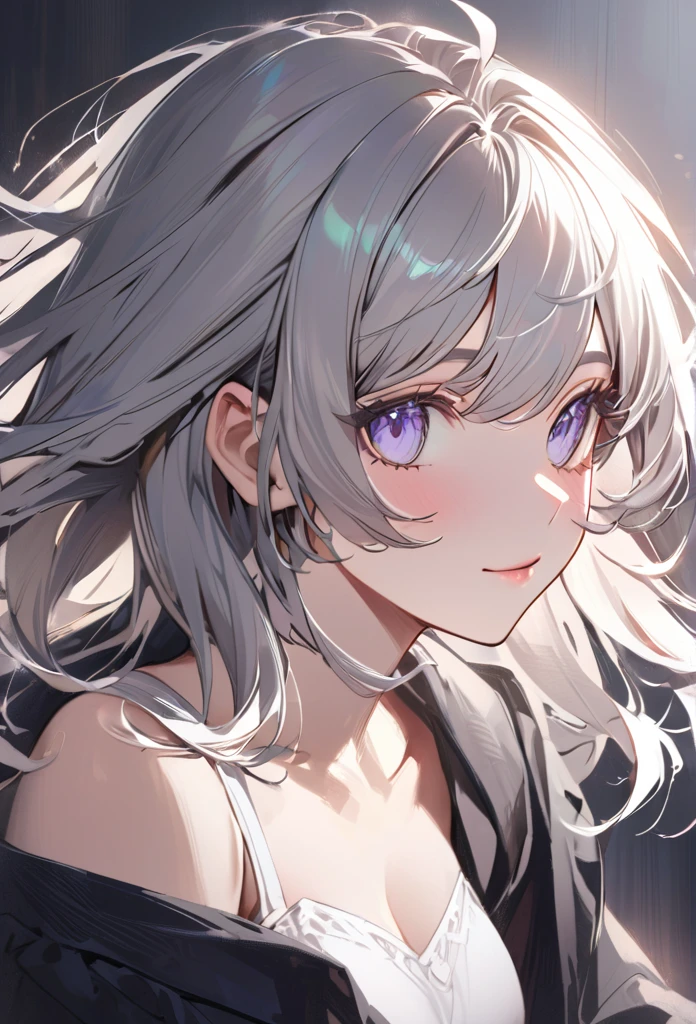 firefly, long grey hair, beautiful face,smiling,close up to hips, moderate breast, sitting on bed, wearing black sleepwear , (open mouth:0.4),illustration,detailed textures(realists),ultra-detailed,portrait style,vivid colors,soft lighting, blushing, mature, no bras, hair fluttering, underwear 