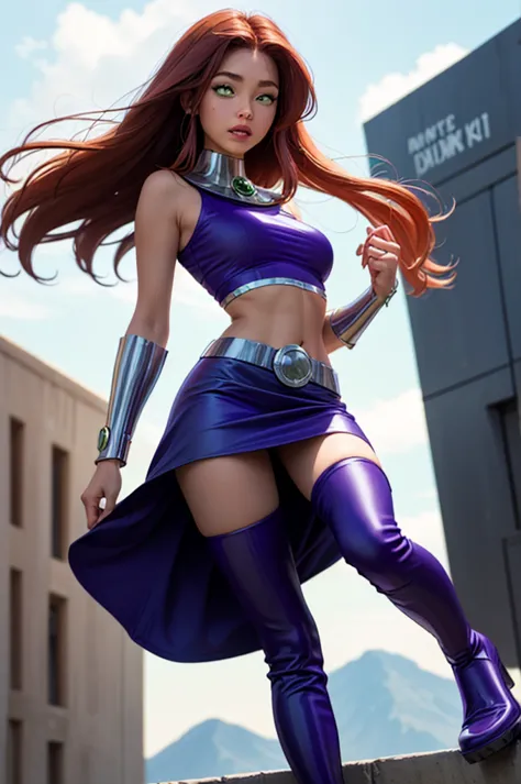 (masterpiece, best quality), 1 girl,   starfire, orange skin, red hair, forget, crop top, bracelet, bracers, life, skirt, purple...