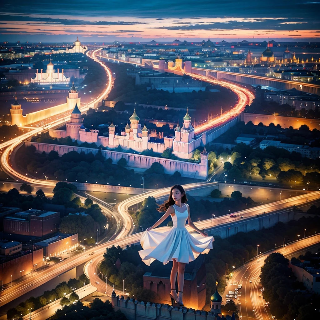 blue sky, evening light, (Aerial View of Kremlin complex of buildings:1.6), (young Beautiful woman is dancing in the Air), she wears long white thin silk dress, skin exposure is minimum, her beautiful and cute face, wide angle lens f/2.8, ultra insane high resolution intricate textures, texture indentation, perfect perspective, perfect geometry, the solar system in another dimension, other worlds, fire all around, energy fields, (luminism), ultra detailed busy background, tessellation, maximalism, perfectionism, IPA Award wining masterpiece