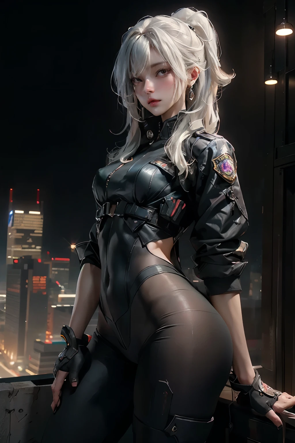 ((best quality)), ((masterpiece)), (detailed), Photorealistic, high resolution, mature woman, Image of a beautiful cyberpunk woman, Police Uniform, Hips up, jewelry, Curtain Bangs, White hair, White eyes, หน้าอกใหญ่, HDR (high dynamic range), After processing, Anisotropic filtration,depth of field, Maximum clarity and clarity, multi-layered surface, perfect proportions, 8K raw files, กระโปรงสั้น, natural lighting, soft lighting, sunlight, detailed anatomy, (skyscraper roof, overlooking a city, detailed background ((night time, Darkness, low light pollution)))