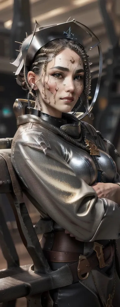 photo full body of adepta sororitas, (( nurse )), argent shroud, full armor, full metal armor, christina chong beautiful face, n...