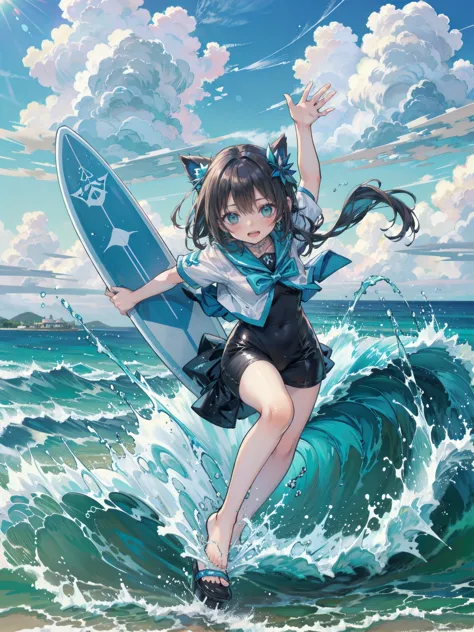 barefoot、anime girl riding a surfboard on ocean waves, casciato, casciato kenz, by yoshihiko wada, surfing, expressing joy. by k...