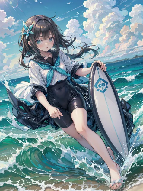 barefoot、anime girl riding a surfboard on ocean waves, casciato, casciato kenz, by yoshihiko wada, surfing, expressing joy. by k...