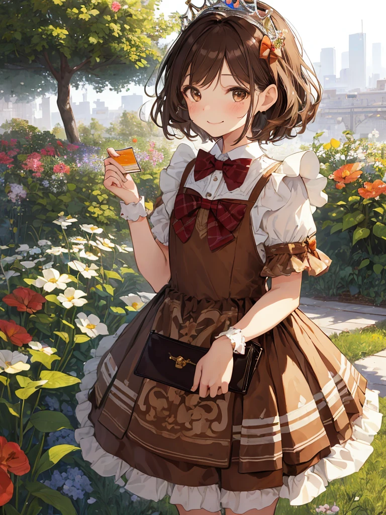 masterpiece, Highest quality, High resolution, One girl, 9 years old, alone, Brown Hair, short hair, Brown eyes, Mole under the eye, Cowboy Shot,, Princess dress, Princess Costume,bow tie, smile (Princess:1.2), Ruffled Dress, tiara, city, Outdoor, garden, wearing wallet, (wallet:1.2), Pull up the dress by hand、Low Angle