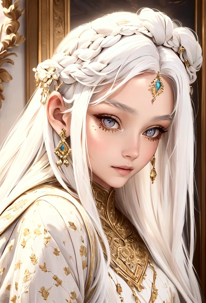 +masterpiece, Best Quality, Super detailed, a , beautiful face, rich details, (long white hair), perfect face, mono, Session, close up, sofa in poor condition