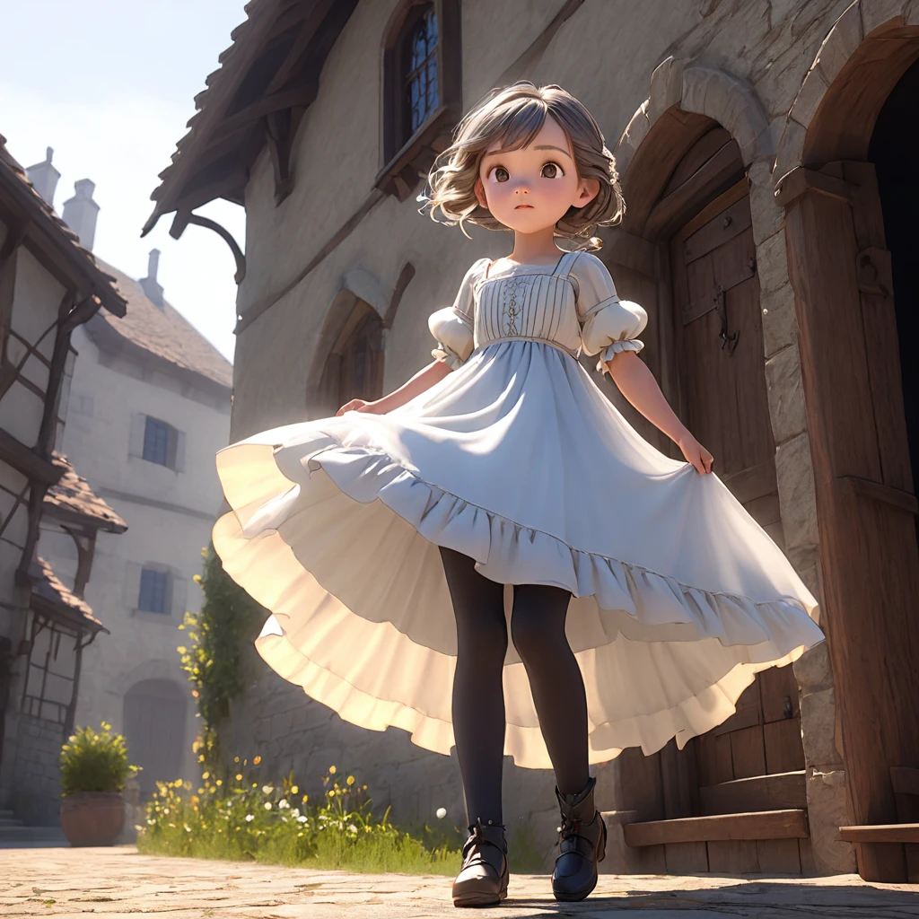 (Highly detailed CG Octane render 8k wallpaper), 8 year old girl underwear, Realistic cotton bloomers, Medieval long dress with panniers, Fabric Realism, Low Angle,  Pull up the dress by hand, Strong winds, Translucent slip, Translucent slip, tights, Highest quality, whole body