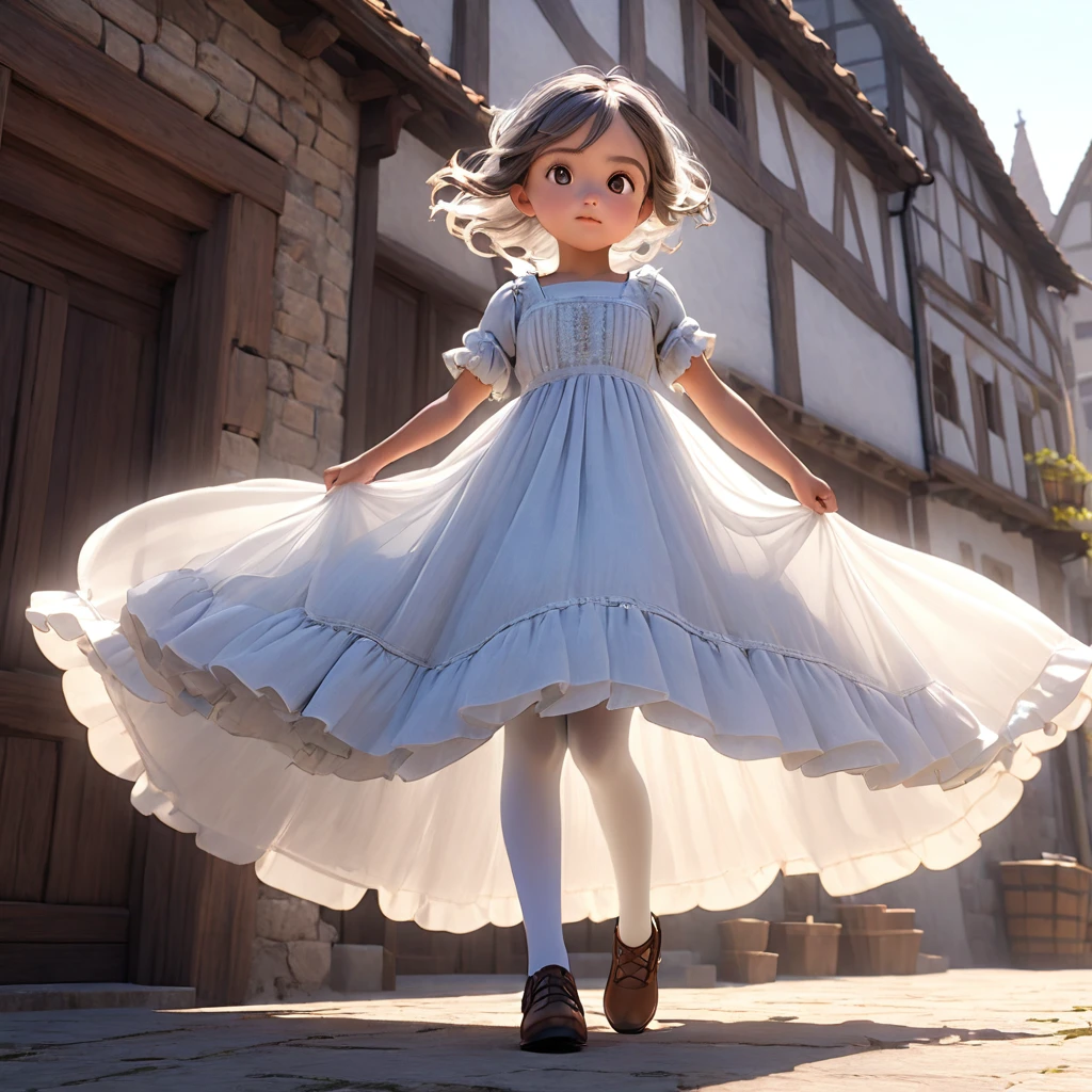 (Highly detailed CG Octane render 8k wallpaper), 8 year old girl underwear, Realistic cotton bloomers, Medieval long dress with panniers, Fabric Realism, Low Angle,  Pull up the dress by hand, Strong winds, Translucent slip, Translucent slip, tights, Highest quality, whole body