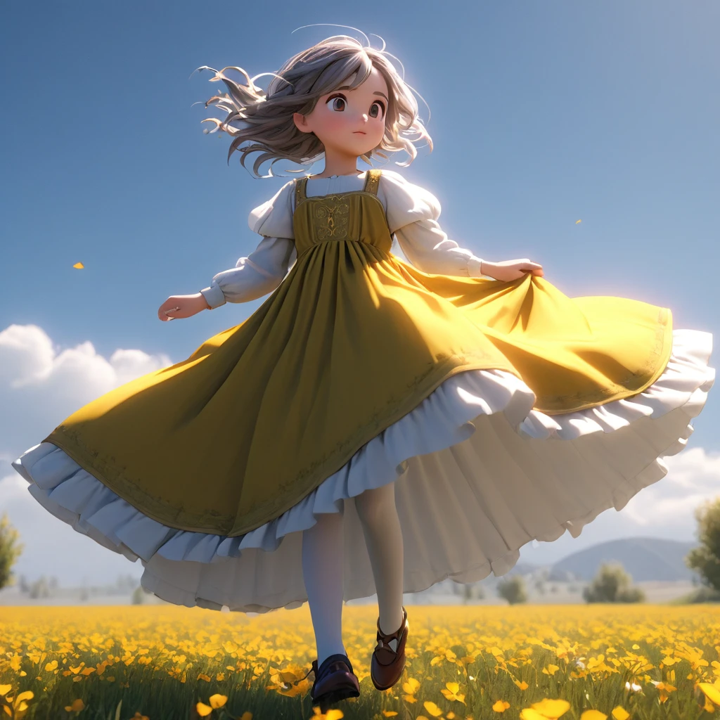 (Highly detailed CG Octane render 8k wallpaper), 8 year old girl underwear, Realistic cotton bloomers, Medieval long dress with panniers, Fabric Realism, Low Angle,  Pull up the dress by hand, Strong winds, Translucent slip, Translucent slip, tights, Highest quality, whole body