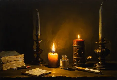 oil, Thick brushwork, Overpainting, candle, cigarette, Baroque, Dramatic contrast between light and dark, Emotional Intensity, B...
