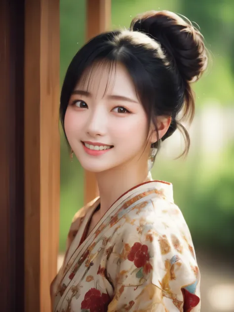 1woman, solo,((grin)), ((28yo)), looking at viewer, smile, black hair, brown eyes, upper body, earrings, japanese clothes, kimon...