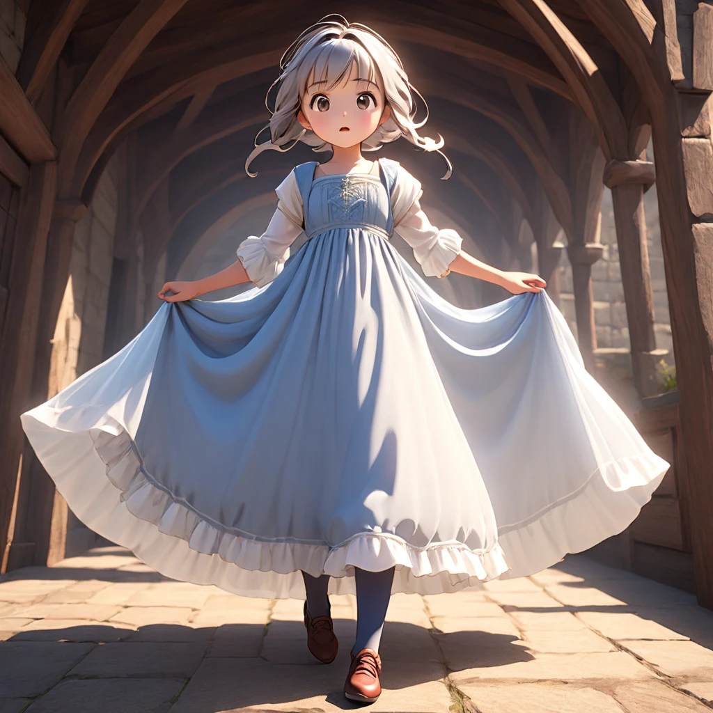 (Highly detailed CG Octane render 8k wallpaper), 8 year old girl underwear, Realistic cotton bloomers, Medieval long dress with panniers, Fabric Realism, Low Angle,  Pull up the dress by hand, Strong winds, Translucent slip, Translucent slip, tights, Highest quality, whole body