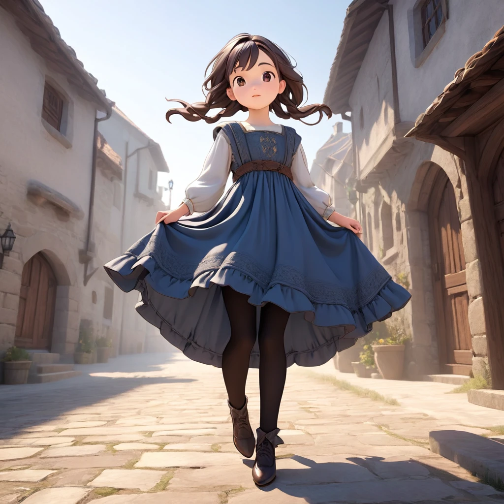 (Highly detailed CG Octane render 8k wallpaper), 8 year old girl underwear, Realistic cotton bloomers, Medieval long dress with panniers, Fabric Realism, Low Angle,  Pull up the dress by hand, Strong winds, Translucent slip, Translucent slip, tights, Highest quality, whole body