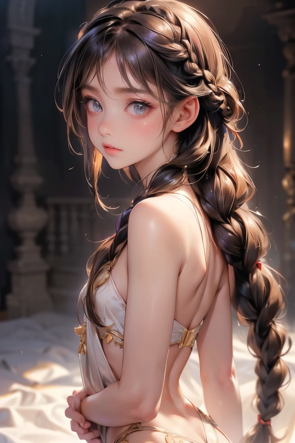  ((best quality)), ((masterpiece)), (detailed), 1girl, (big forhead:1.2),extremely detailed cute anime face, (((flat chest))), (flat chest:1.1),((((long twin braids,tight braids,long braid,braided hair,long hair)))),intricate eyes,beautiful detailed eyes,symmetrical eyes,(((detailed face))),beautiful detailed lips, looking at this, (((embarrassed))),(horrified expression),(panic),(crying),highres,(best quality),(ultra detailed,extremely detailed),perfect face details, ((masterpiece:1.4, best quality))+, (ultra detailed)+, long twintails, cute girl, (flat chest:1.1), small breasts, slim body, skinny, (narrow hips), prominent collarbones, skinny arms, flat stomach, visible hip bones, long hair, red hair, white hair, blonde hair, dark hair, ponytail, thick ponytail, heavy ponytail, small breasts, perfect face, small breasts (flat chest:1.1), NSFW, long revealing gown,Detailed body，Full limbs，(from behind), (turning), NSFW, (flat chest:1.1), nude 