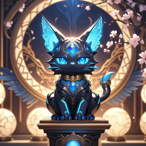 close-up, cute fantasy glowing mechanical cat-like creature sitting on ornate old pedestal, sapphire sharp wings with intricate ...