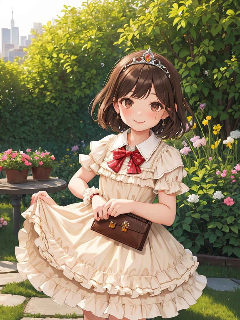 masterpiece, Highest quality, High resolution, One girl, 9 years old, alone, Brown Hair, short hair, Brown eyes, Mole under the eye, Cowboy Shot,, Princess dress, Princess Costume,bow tie, smile (Princess:1.2), Ruffled Dress, tiara, city, Outdoor, garden, wearing wallet, (wallet:1.2), Pull up the dress by hand、Low Angle