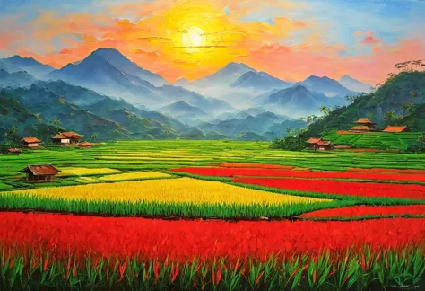 Painting with paints and palette knife。Impressionism。Mountain々The sun sets on。The rice fields in the foreground are dyed red by ...