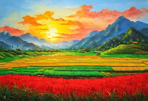 Painting with paints and palette knife。Impressionism。Mountain々The sun sets on。The rice fields in the foreground are dyed red by ...