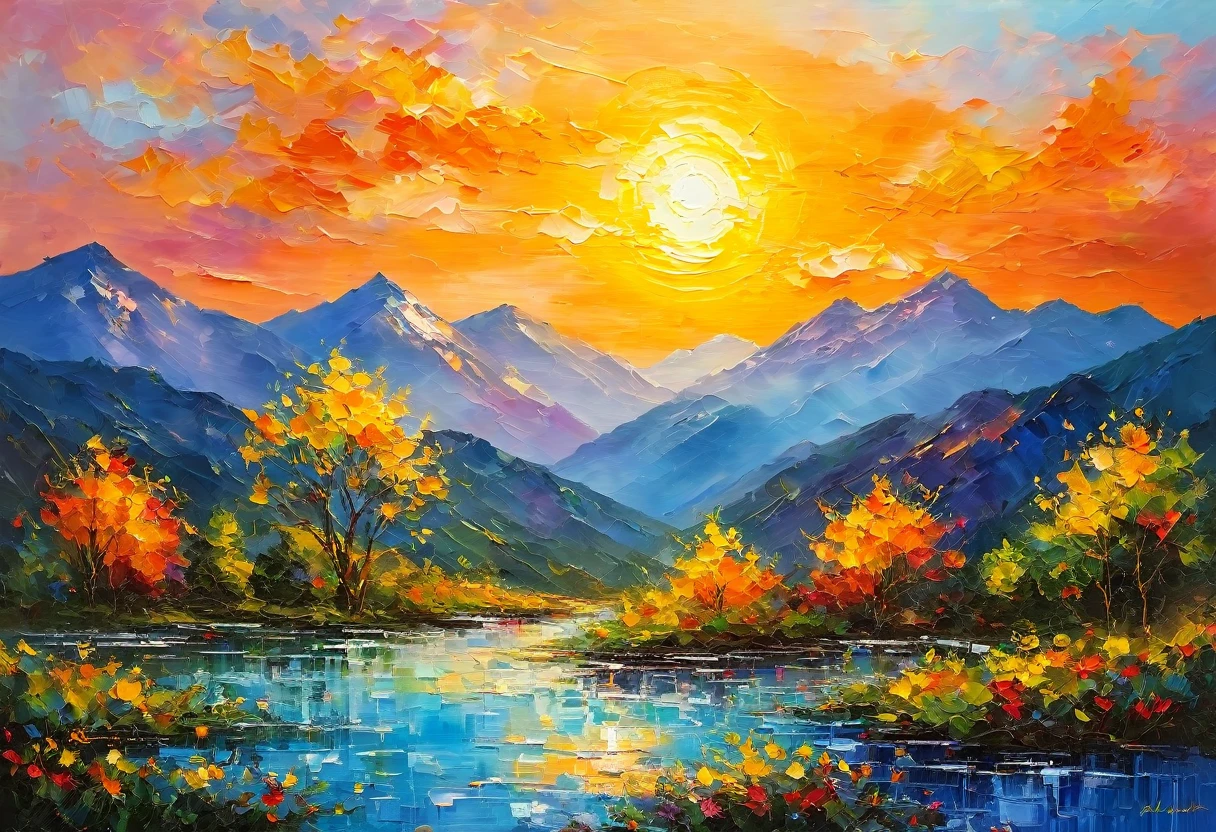 Painting with paints and palette knife。Impressionism。Mountain々The sun sets on。masterpiece。Painting with depth。Delicate touch。