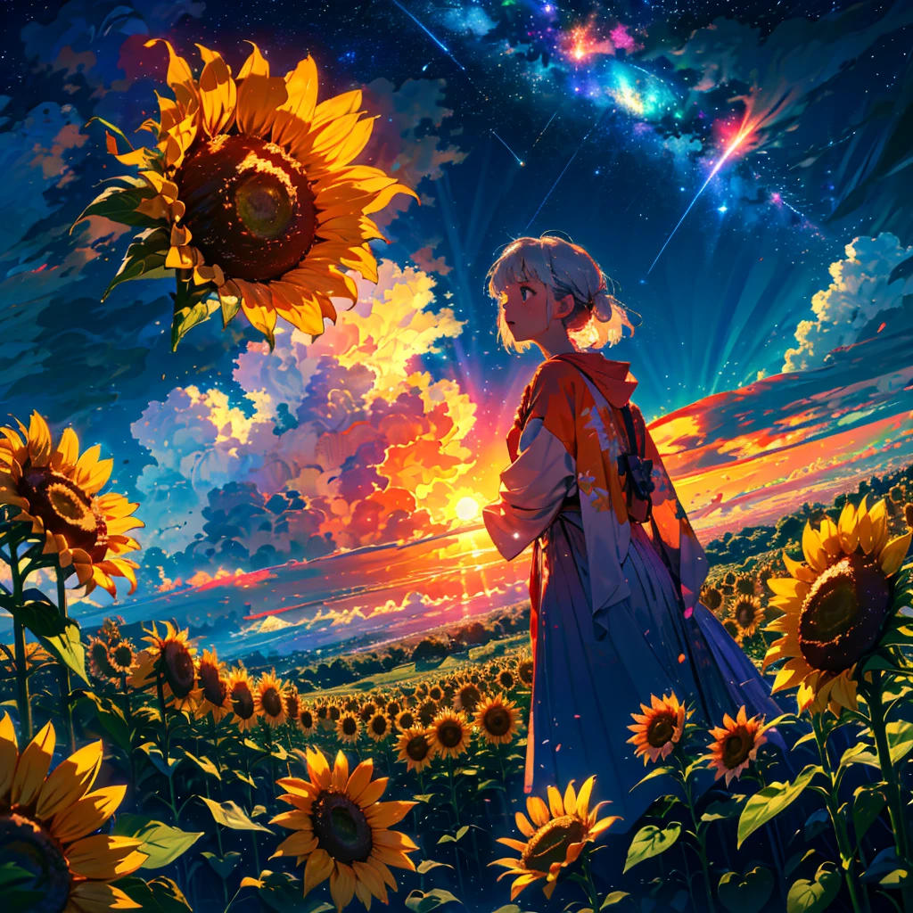 Nagano Prefecture, plateau, sunflower畑, Flower Field, masterpiece, Concept Art, Panorama, in the center, shape, Wide Shot, girl, garden, night, (meteor), Space galaxy background, (Great composition, Epic scale), Dynamic Lighting, Bright colors, A girl with long, fragile white hair、sunflower