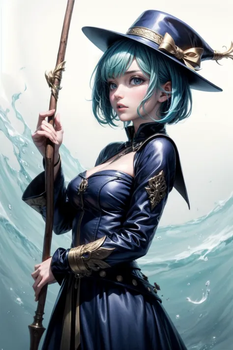 1lady, solo,cool,blue hair,blue eyes,hold a stick,magician,hat,